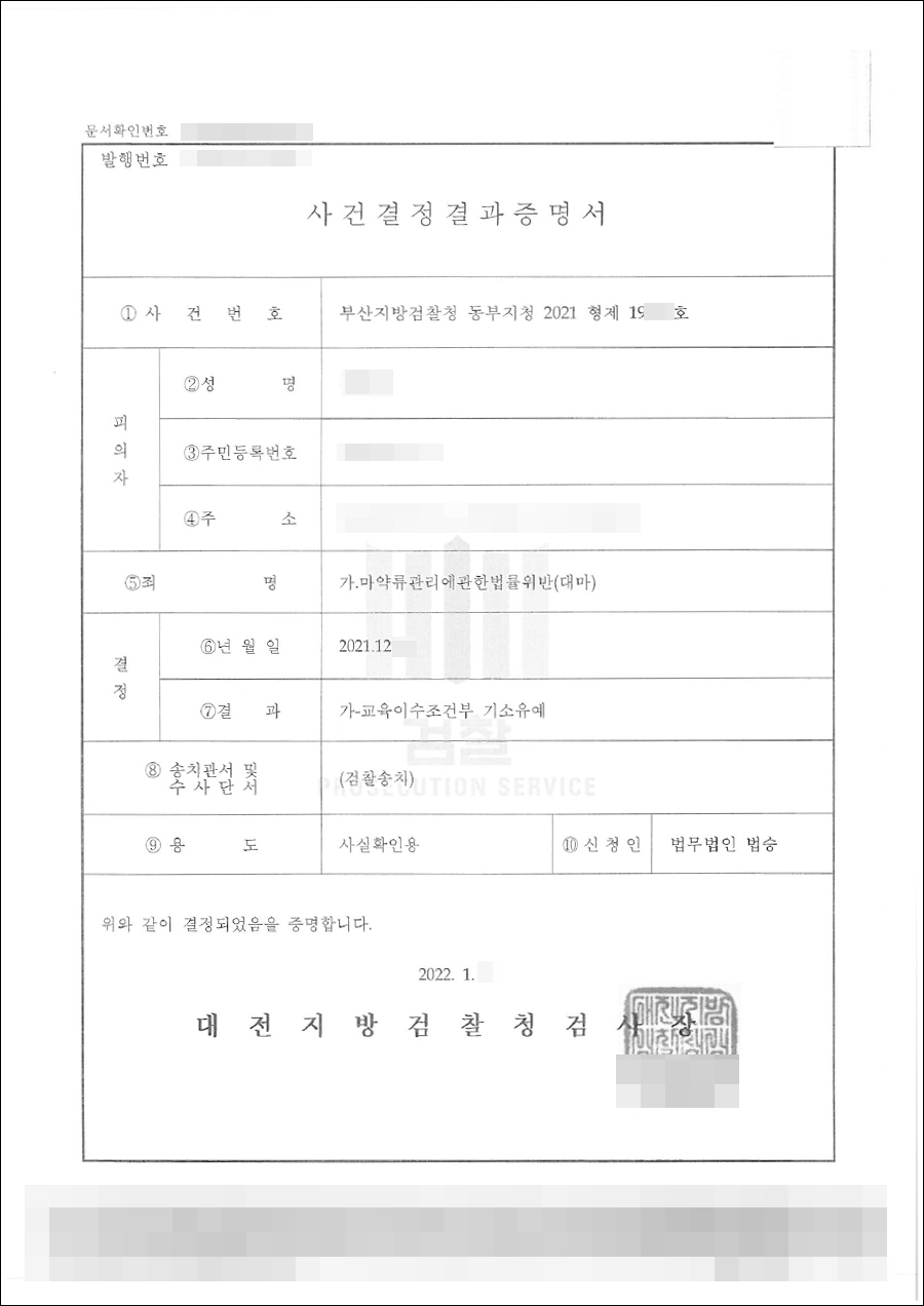 교육이수조건부 기소유예 | 마약류관리에관한법률위반 - 부산지방검찰청 2021형제19***호 교육이수조건부 기소유예 | 마약류관리에관한법률위반 - 부산지방검찰청 2021형제19***호